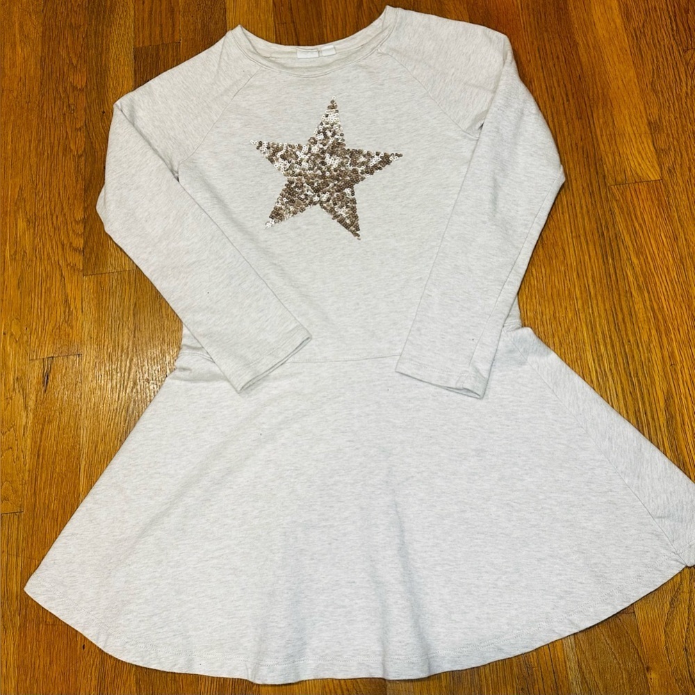 GAP Kids Tan/Cream Sequin Star Long Sleeve Fit & Flare Dress | Size M (8)